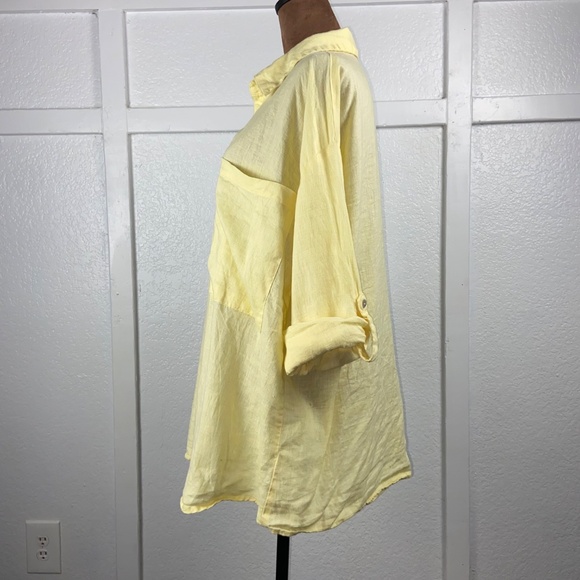 Magaschoni 100% Linen Button Down Tunic Top Yellow Roll-Tab Sleeves Women’s M - Picture 6 of 8